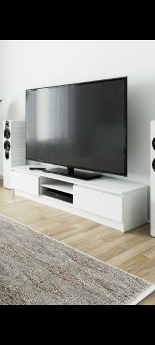 Comoda TV cu 2 usi si rafturi centrale, PAL laminat, 160x40x33 cm, alb