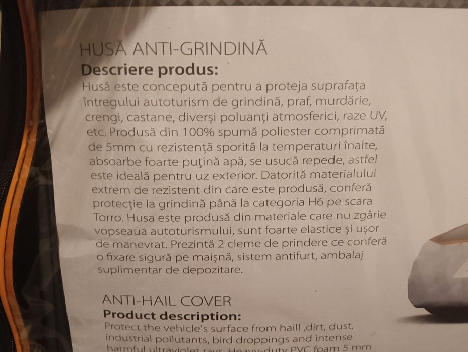 Husă Antigrindină Autoturisme dimensiune 480 X 175 X 120 Cm.