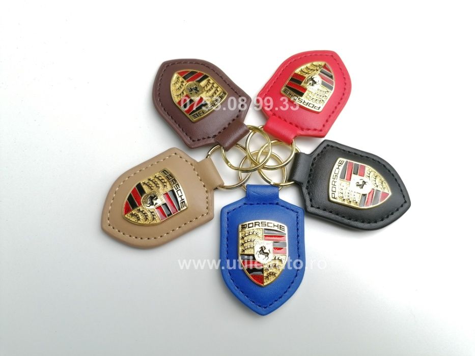 Breloc Porsche din piele cu logo aplicat si inel chei auriu