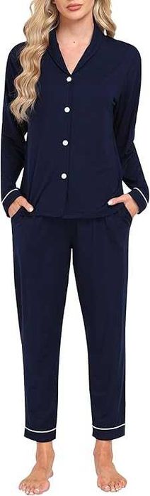 MoFiz Дълги пижами за жени, зимни меки пижами с дълъг ръкав и копчета