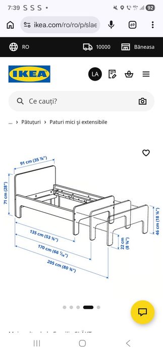 Pat extensibil Slakt Ikea cu somiera si saltea