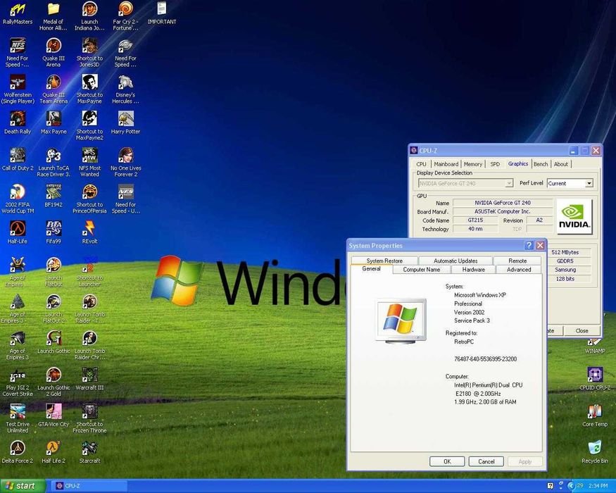 Retro gaming PC Windows XP Pentium E2180, grafica Geforce GT240