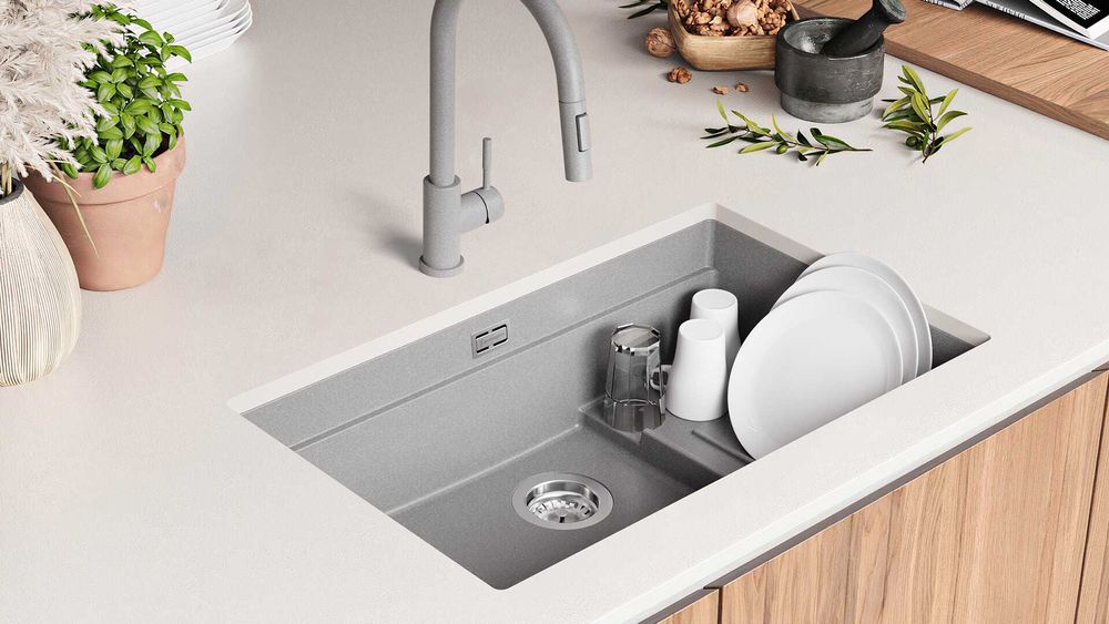 Сива гранитна мивка за монтаж под плот Прага 80 Step Level 560 x 470