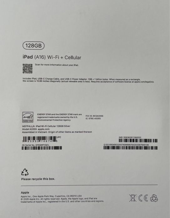IPAD A16 WIFI 128GB Cilver