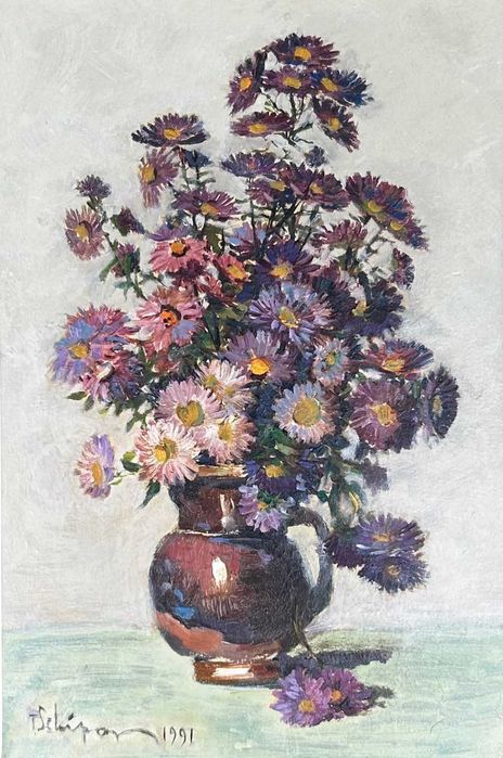 Toader Schipor- Tablou 1991 Vas cu Flori Ochiul Boului, pictura ulei