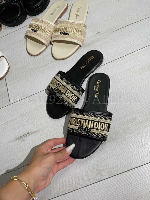 Papuci Slapi Piele eco Brodati Textil - Negri