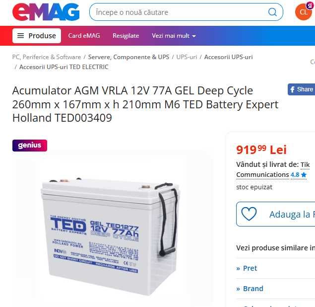 Acumulator Pb-GEL 5-260Ah pt UPS, alarme, camere, barci, fotovoltaice.