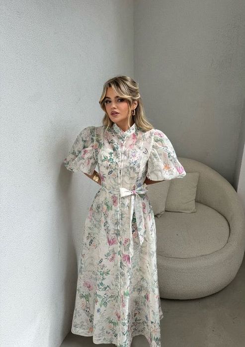 Рокля с кристали лен с памук камъни цветя