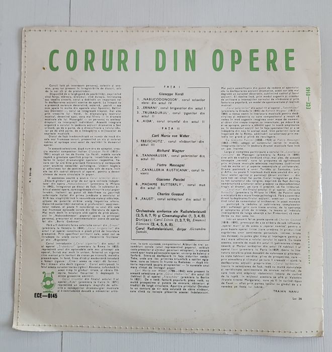 Disc vinil muzica clasica Electrecord, Coruri din opere - Carl Maria von Weber si Giacomo Puccini