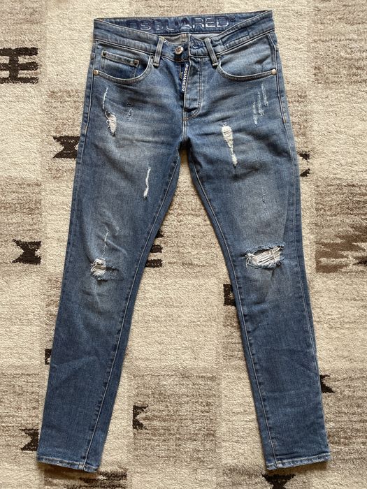 Blugi Dsquared2 Slim Fit barbati marimea 31 albastri cu rupturi aspect distrus Made in Italy