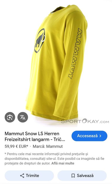 Bluza Mammut Snow Longsleeve ptr bărbați, mărimea L, galben