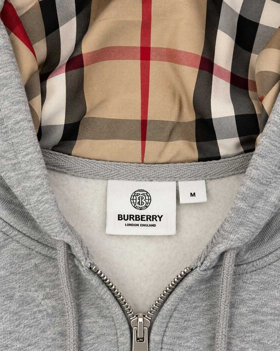 Hanorac Burberry bărbați, gri melanj, cu fermoar și glugă căptușită în carouri Burberry Check, mărimea M