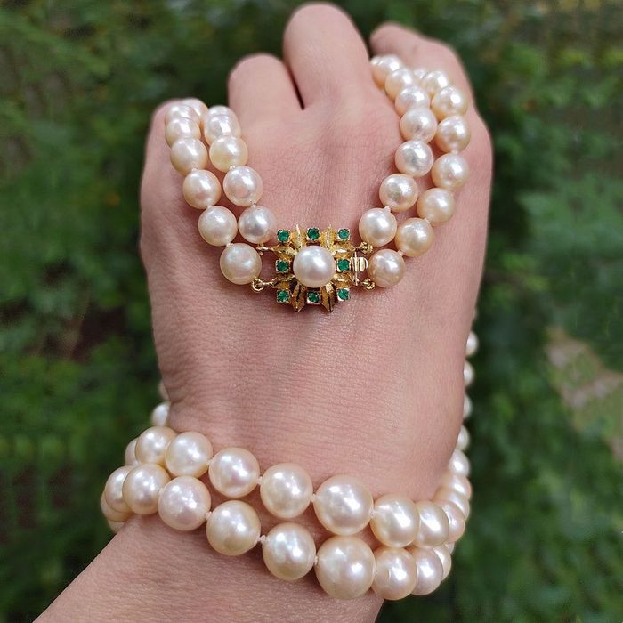colier vintage 2 rd. perle apa sarata, aur 18k, smaralde, certif.