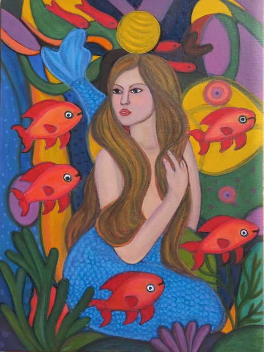 SIRENA tablou pictat manual pe panza, 30X40 cm