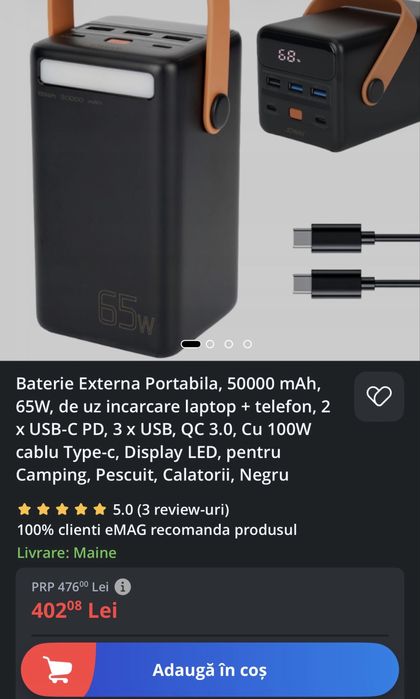 Powerbank / baterie externa Powerado Pro 50.000mAh 185Wh 65W led maner lanterna