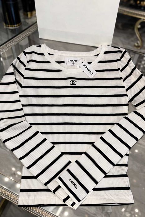 chanel блуза дълъг ръкав бяла черна топ есенна зимна шанел блузка райе