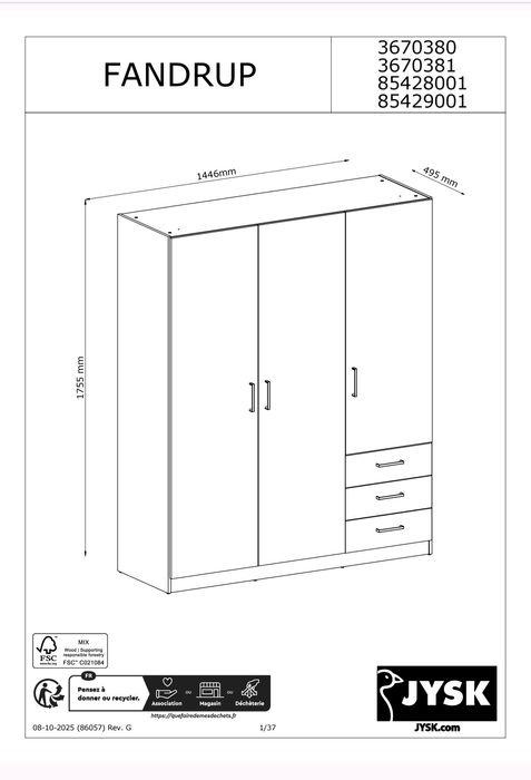 Dulap alb Jysk, 3 usi, 3 sertare, 4 rafturi. Dimeniuni 145x176 cm