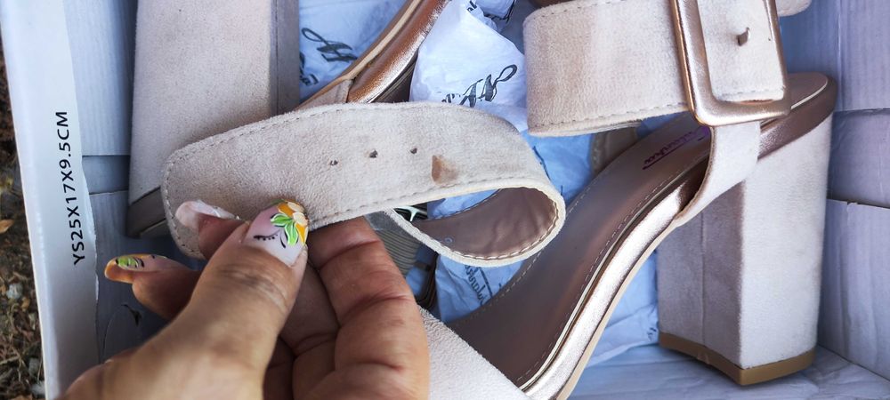 Дамски елег. сандали – пудра + розово злато|Еко велур|Нисък широк ток