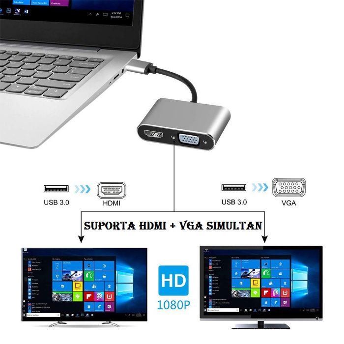 Adaptor 2in1 USB 3.0 la HDMI + VGA laptop, pc, proiector, suporta 2k