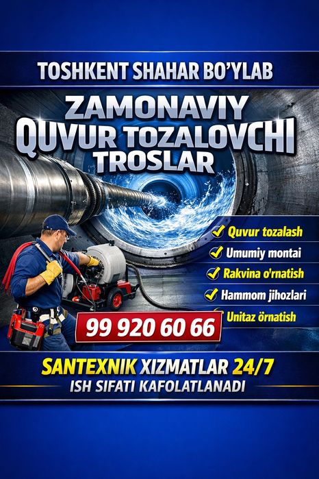 Kanalizatsiya quvurlarini va tiqilgan joylarni tozalash xizmati 24/7