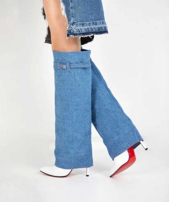 Ботуши на ток - деним и бяла кожа 36-40 номер