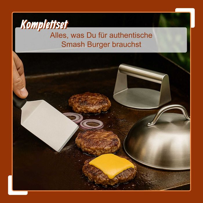 Set Smash Burger inox cu presa carne spatula si capac topire cascaval