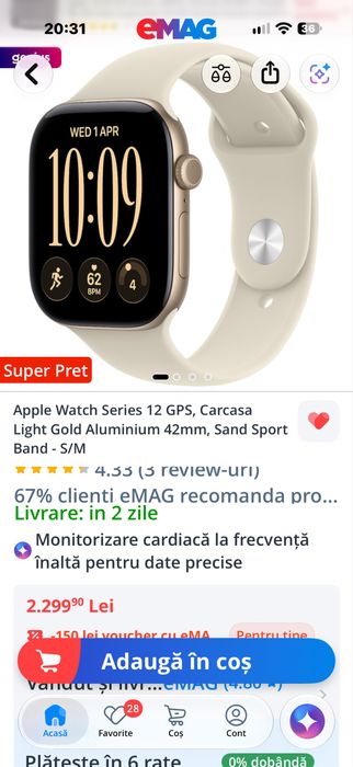 Apple watch seria 12 light gold de 42mm gps, nou, sigilat