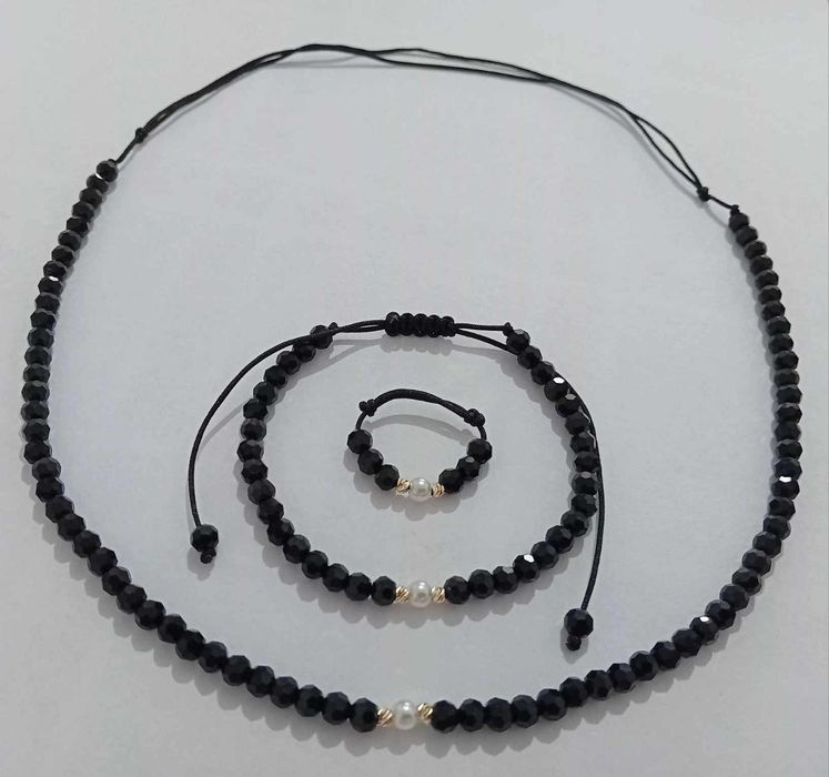 Set inel, brățară, colier din bile de aur 14k și biluțe miyuki+o perlă