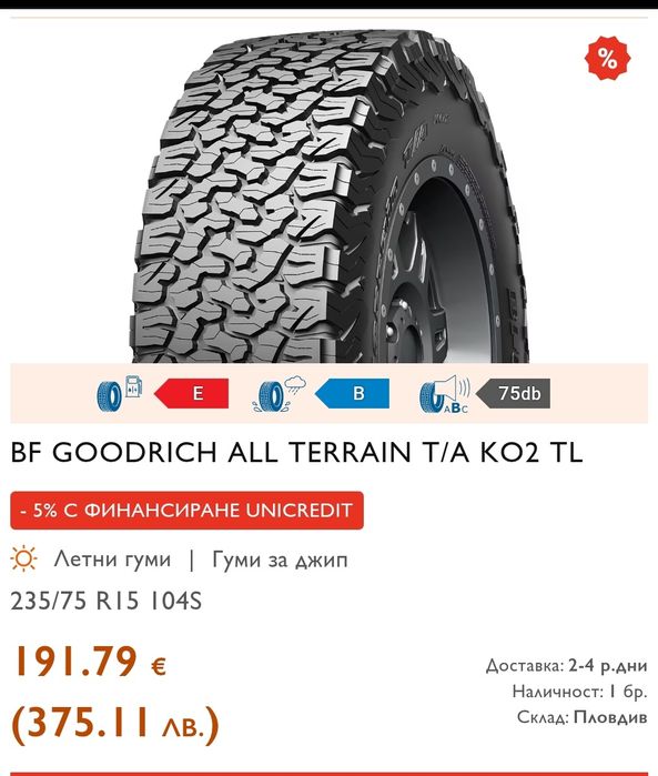 1брой гума 235/75/15 BF GOODRICH ALL TERRAIN T/A KO2 TL , 6PR, плата
