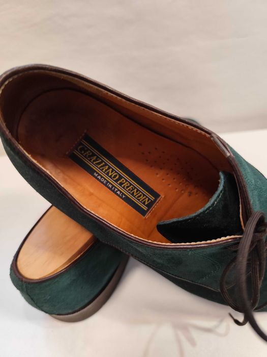 Pantofi derby 41 41.5 lucrati manual Gratiano Predin piele naturala verde
