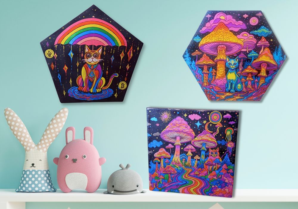 Картины триптих в детскую или спальню, коты и грибы