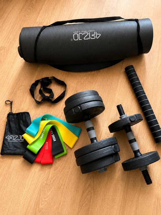 Set complet fitness acasă – Gantere reglabile 10 kg + Saltea + Set 5 benzi elastice | Ca noi