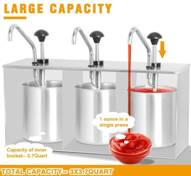 Dispenser Dozator Triplu pentru Sosuri din Inox – 3 x 3 Litri