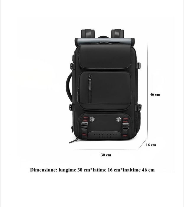 Rucsac calatorie/laptop 16” full impermeabil, 35 l, 30x16x46 cm, Negru