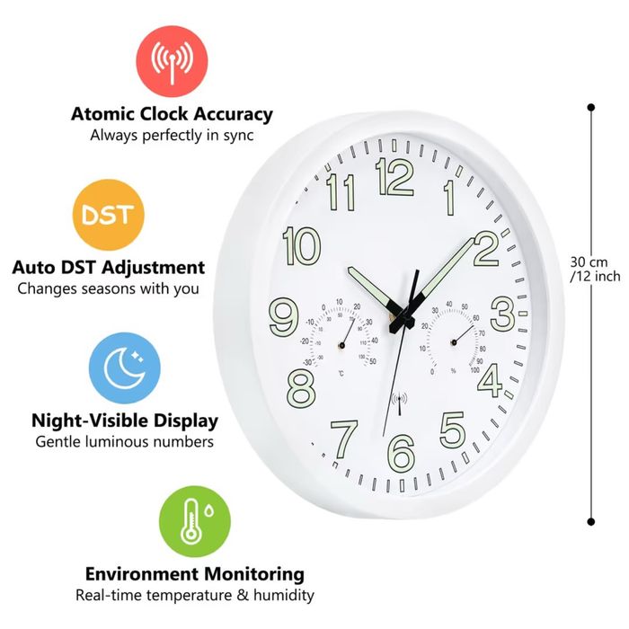 Ceas perete 30 cm radio-controlat, temperatură, umiditate, cifre luminoase