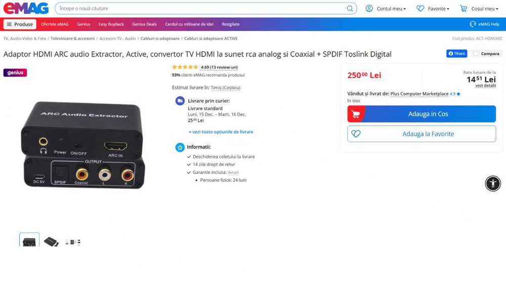 Adaptor HDMI ARC Audio Extractor, pentru TV care nu are iesire audio