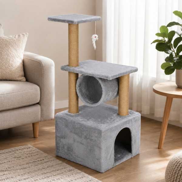 Драскалка за котки XL 90 см с къщичка и тунел