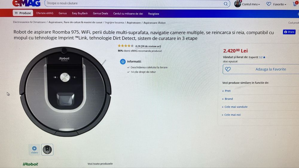 Aspirator inteligent irobot roomba 975, wifi pret 900 lei