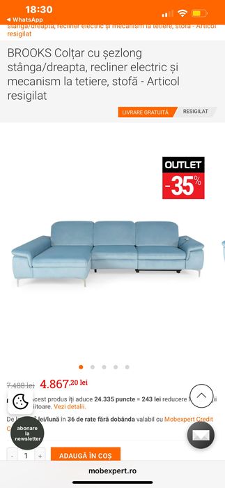 Colțar Brooks cu șezlong stâng/dreap, recliner electric și mecanism