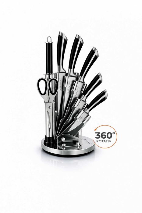 Set cutite bucatarie Royalty Line 8 piese negru cu suport rotativ