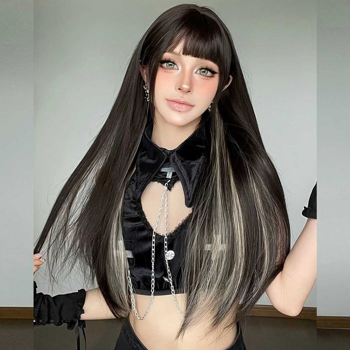 Тъмно кафява права перука с руси кичури бретон и зигзаг път