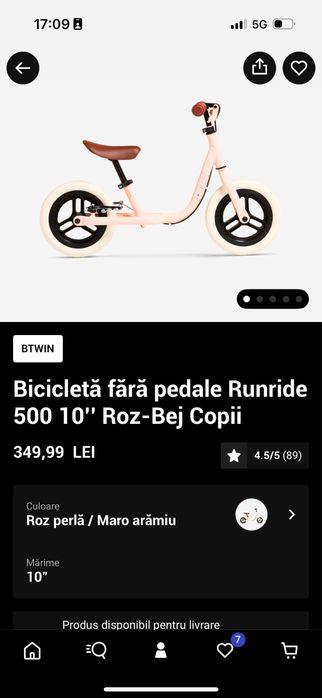 Bicicleta fara pedale Runride 10” Roz bej copii