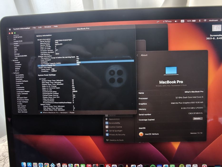 Laptop Apple MacBook Pro 2017 13" TouchBar, baterie nouă