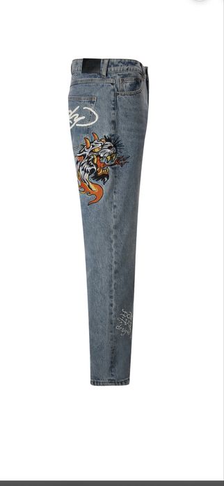 Ed Hardy men’s hell-cats tattoo graphic denim trousers jeans - bleach