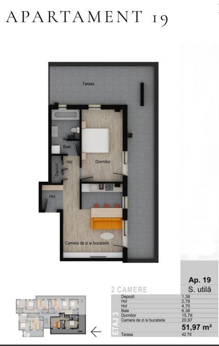Apartament de 2 camere FINISAT 51,97 mp, terasa 42,79 mp, zona Muzeul