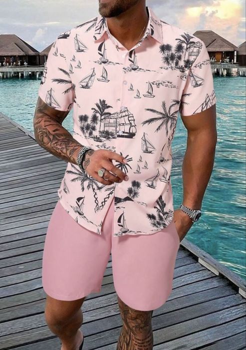 Set vară bărbați cămașă şi pantaloni scurți roz
