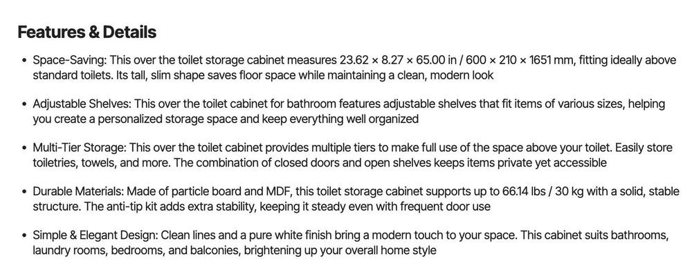 Dulap alb pentru baie deasupra toaletei VEVOR