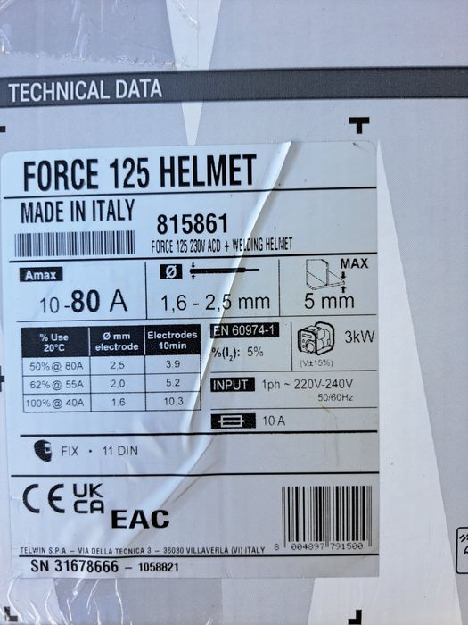 Aparat de sudura, Invertor Telwin Force 125, 80A, 230 V + Masca