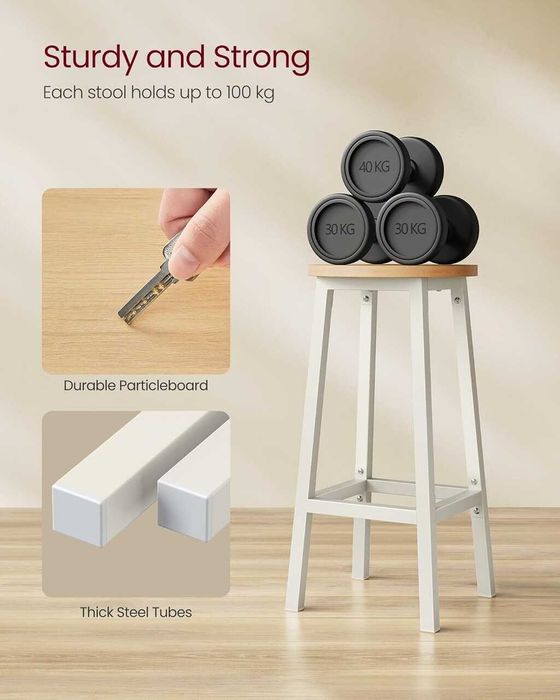 Set 2 scaune de bar Songmics, cadru metalic alb, sezut stejar