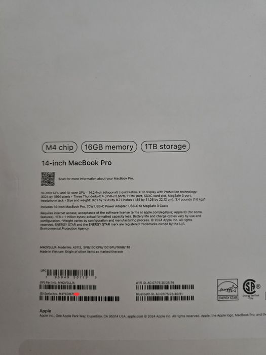 MacBook Pro 14 M4 16/1TB новый, 2 цикла